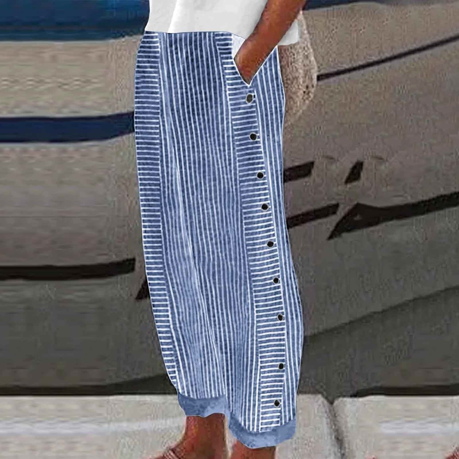 Lauren | Women's Striped Button-Accent Pants - Royal Blue