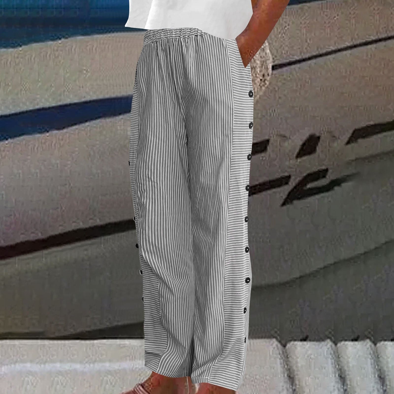 Lauren | Women's Striped Button-Accent Pants - Black