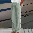 Lauren | Women's Striped Button-Accent Pants - Green