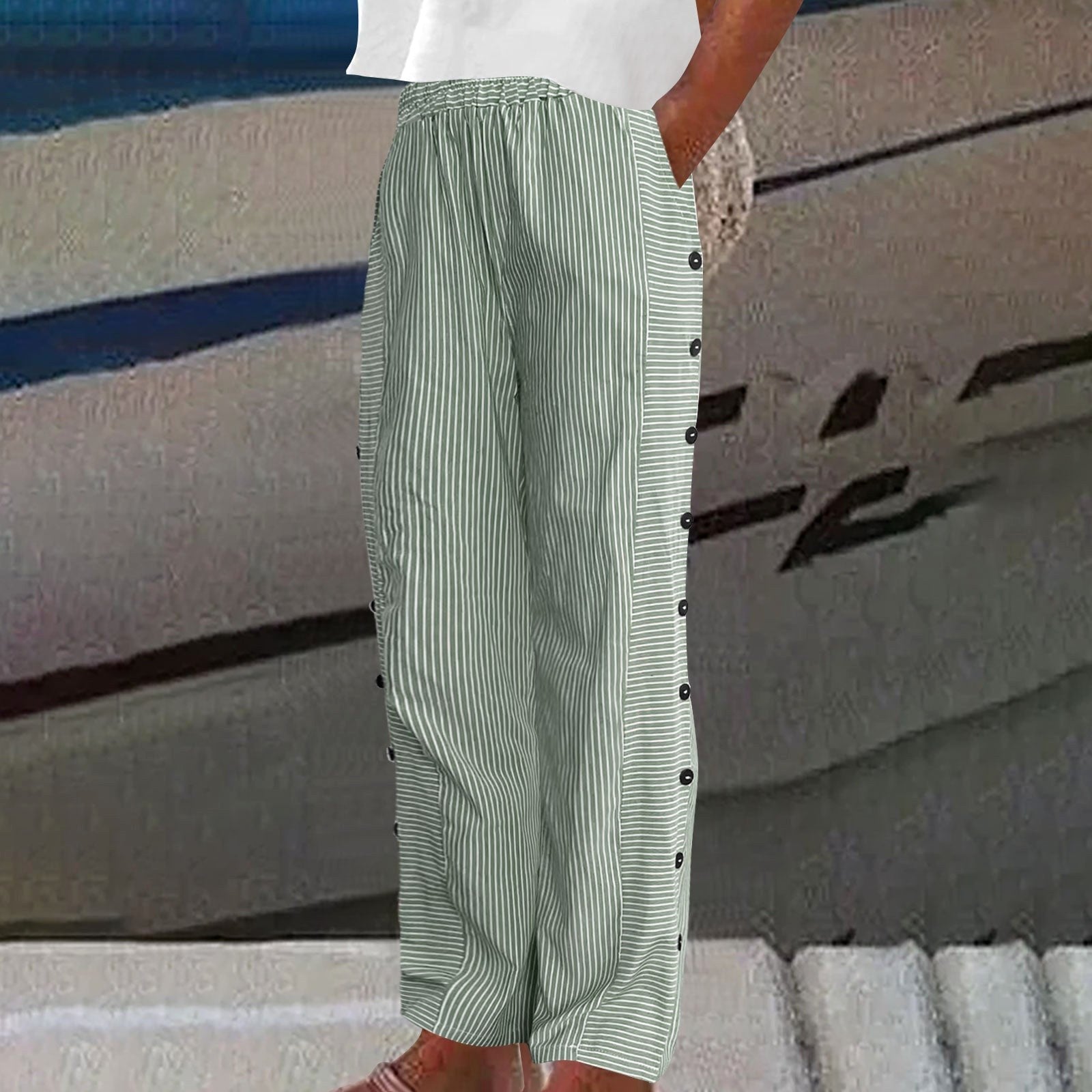 Lauren | Women's Striped Button-Accent Pants - Green