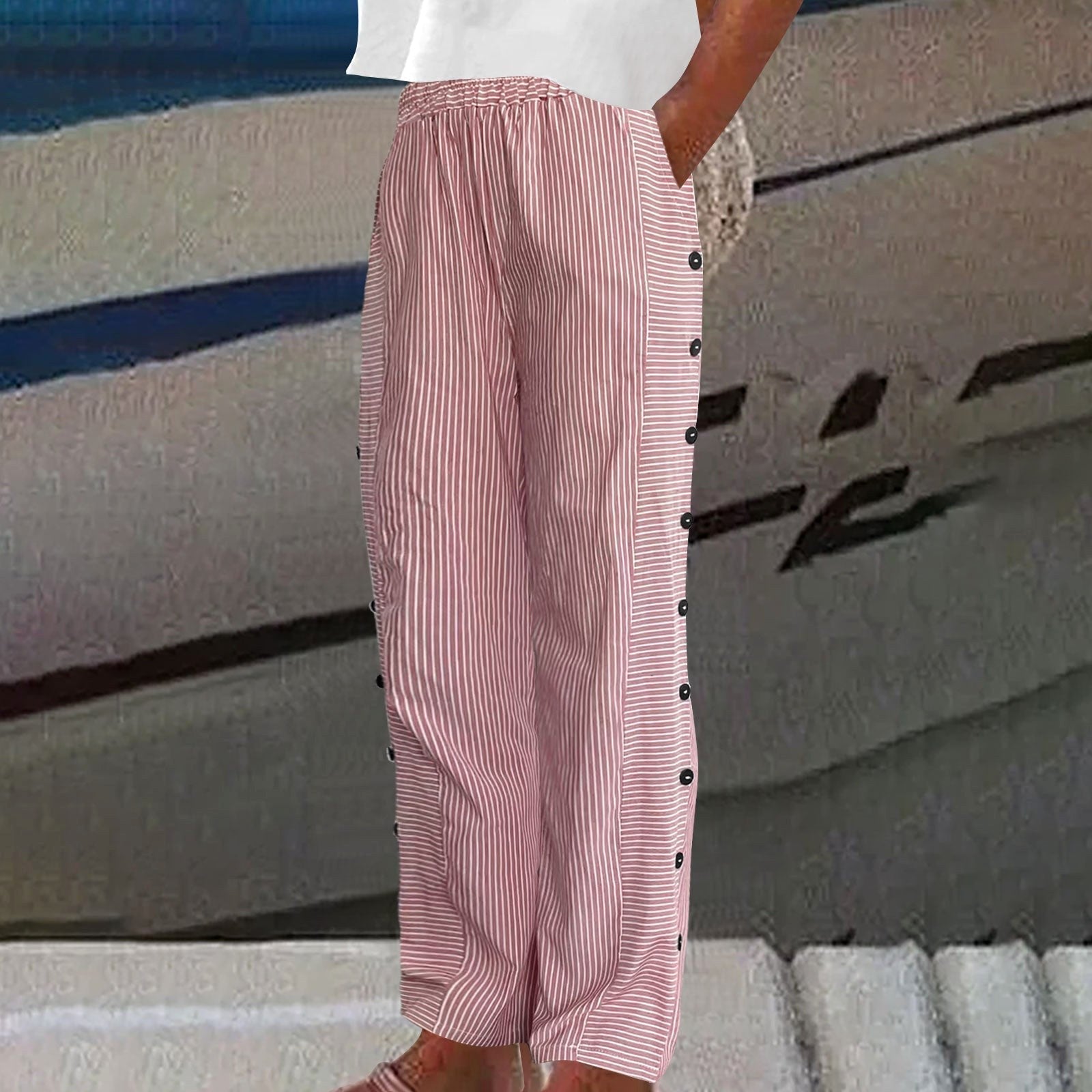 Lauren | Women's Striped Button-Accent Pants - Red
