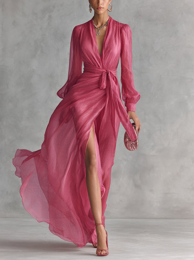 Lauren | Women's V-Neck Tie-Waist Chiffon Maxi Dress - Pink