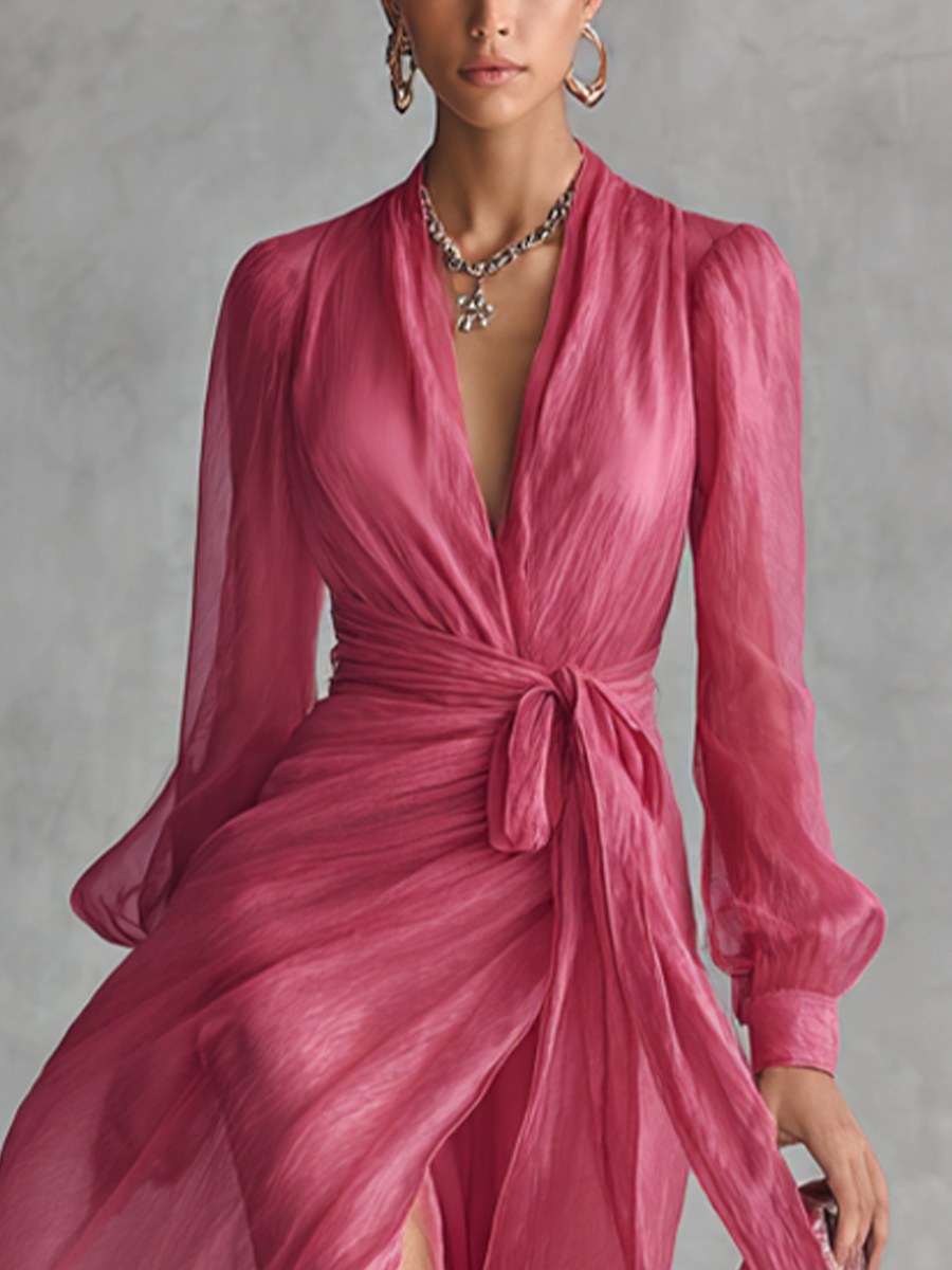 Lauren | Women's V-Neck Tie-Waist Chiffon Maxi Dress - image 3
