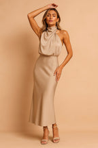 Lena | Women's Draped-Neckline Midi Dress, Elegant Occasion Dress | The Dress Cellar