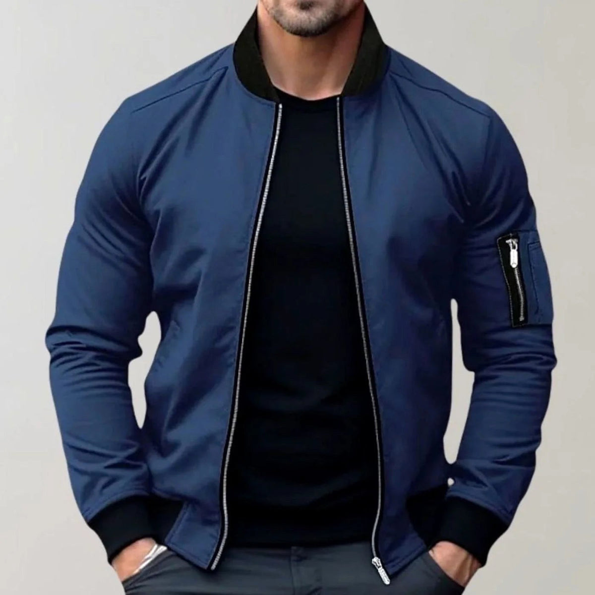 Liam | Men's Slim-Fit Bomber Jacket, Ribbed Collar Jacket | The Dress Cellar | Blue