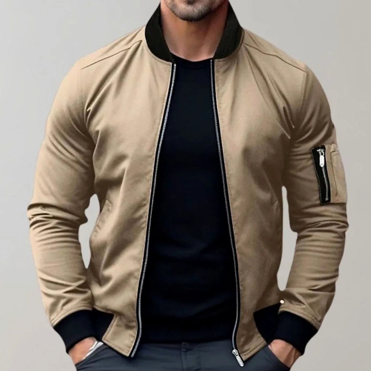 Liam | Men's Slim-Fit Bomber Jacket, Ribbed Collar Jacket | The Dress Cellar | Khaki