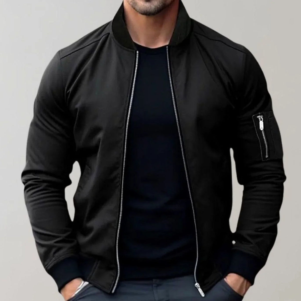 Liam | Men's Slim-Fit Bomber Jacket, Ribbed Collar Jacket | The Dress Cellar | Black