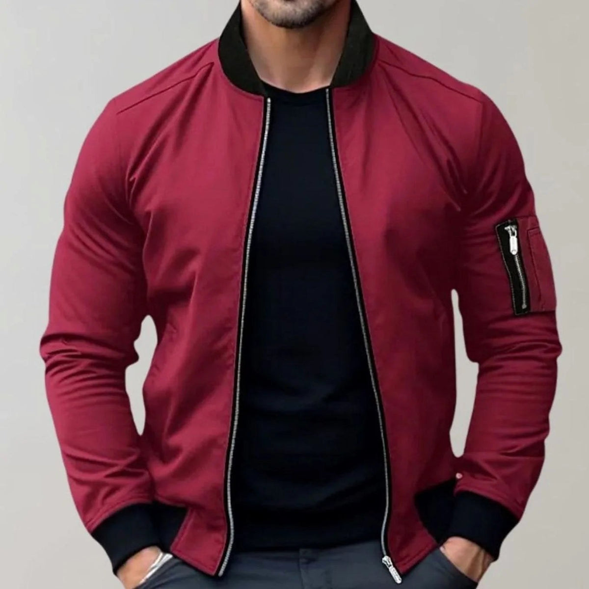 Liam | Men's Slim-Fit Bomber Jacket, Ribbed Collar Jacket | The Dress Cellar | Burgundy