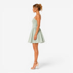 June | Women's Green Mini Dress with Thin Straps, Gathered Waist Summer Dress | The Dress Cellar