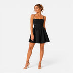 June | Women's Green Mini Dress with Thin Straps, Gathered Waist Summer Dress | The Dress Cellar