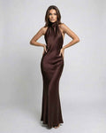 Kimberly | Women's Brown Halter Maxi Dress, Open-Back Evening Dress | The Dress Cellar