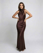 Kimberly | Women's Brown Halter Maxi Dress, Open-Back Evening Dress | The Dress Cellar