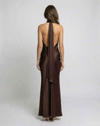 Kimberly | Women's Brown Halter Maxi Dress, Open-Back Evening Dress | The Dress Cellar