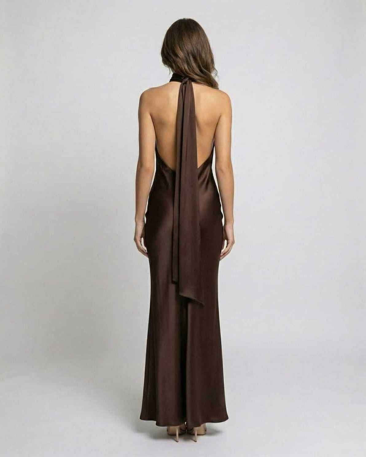 Kimberly | Women's Brown Halter Maxi Dress, Open-Back Evening Dress | The Dress Cellar