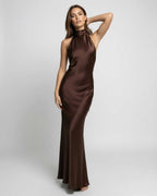 Kimberly | Women's Brown Halter Maxi Dress, Open-Back Evening Dress | The Dress Cellar
