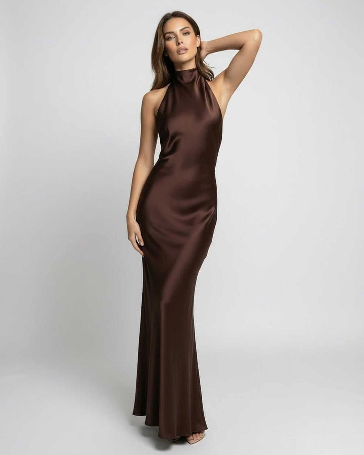 Kimberly | Women's Brown Halter Maxi Dress, Open-Back Evening Dress | The Dress Cellar