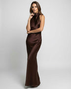 Kimberly | Women's Brown Halter Maxi Dress, Open-Back Evening Dress | The Dress Cellar