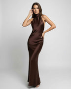Kimberly | Women's Brown Halter Maxi Dress, Open-Back Evening Dress | The Dress Cellar