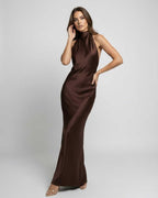 Kimberly | Women's Brown Halter Maxi Dress, Open-Back Evening Dress | The Dress Cellar