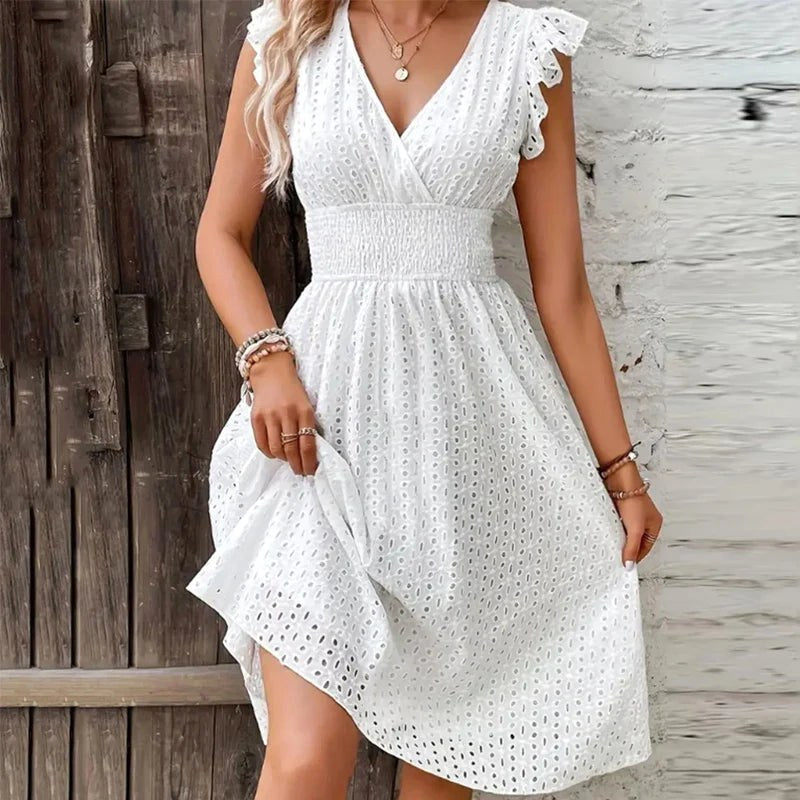 Lily | Women's V-Neck Summer Dress - White