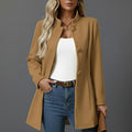 Lorraine | Women's Button Front A-Line Coat, Stand Collar Autumn Coat | The Dress Cellar | Camel