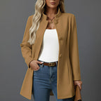 Lorraine | Women's Button Front A-Line Coat, Stand Collar Autumn Coat | The Dress Cellar | Camel