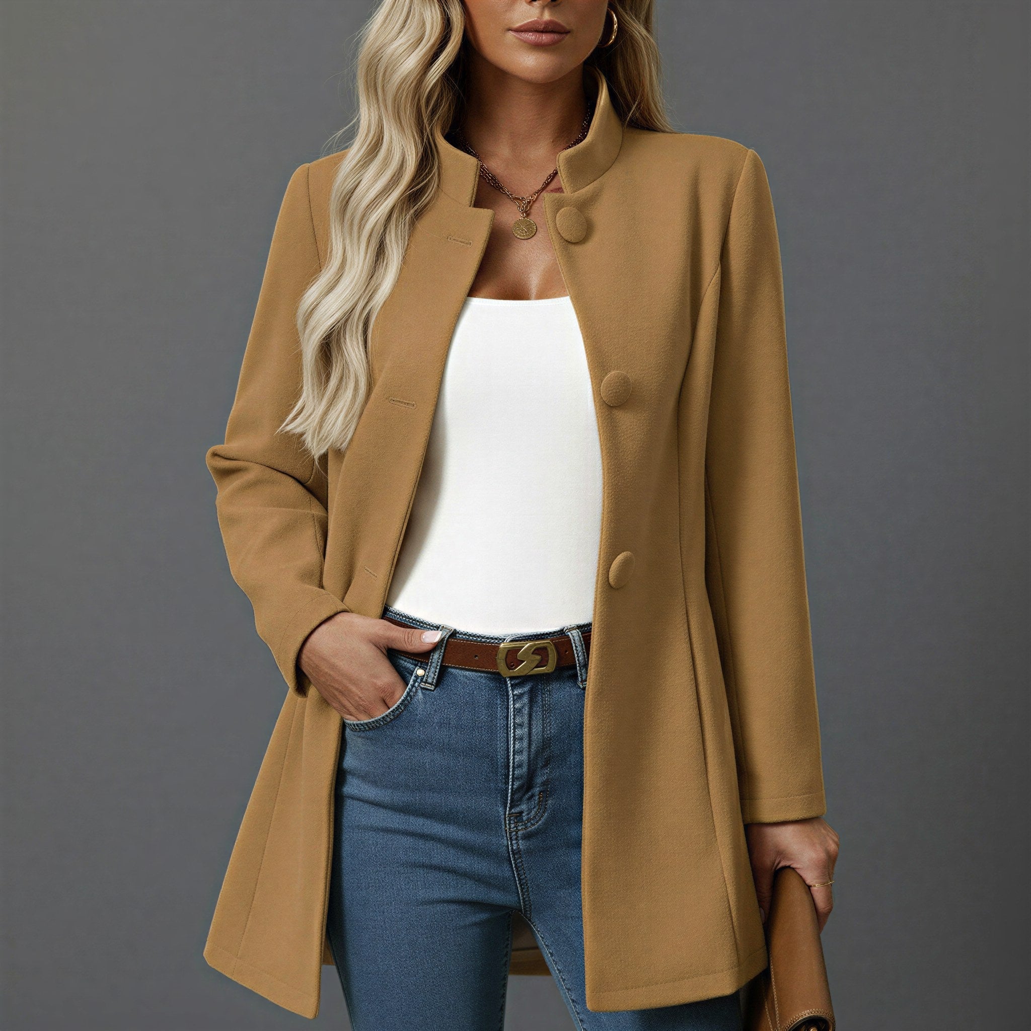 Lorraine | Women's Button Front A-Line Coat, Stand Collar Autumn Coat | The Dress Cellar | Camel
