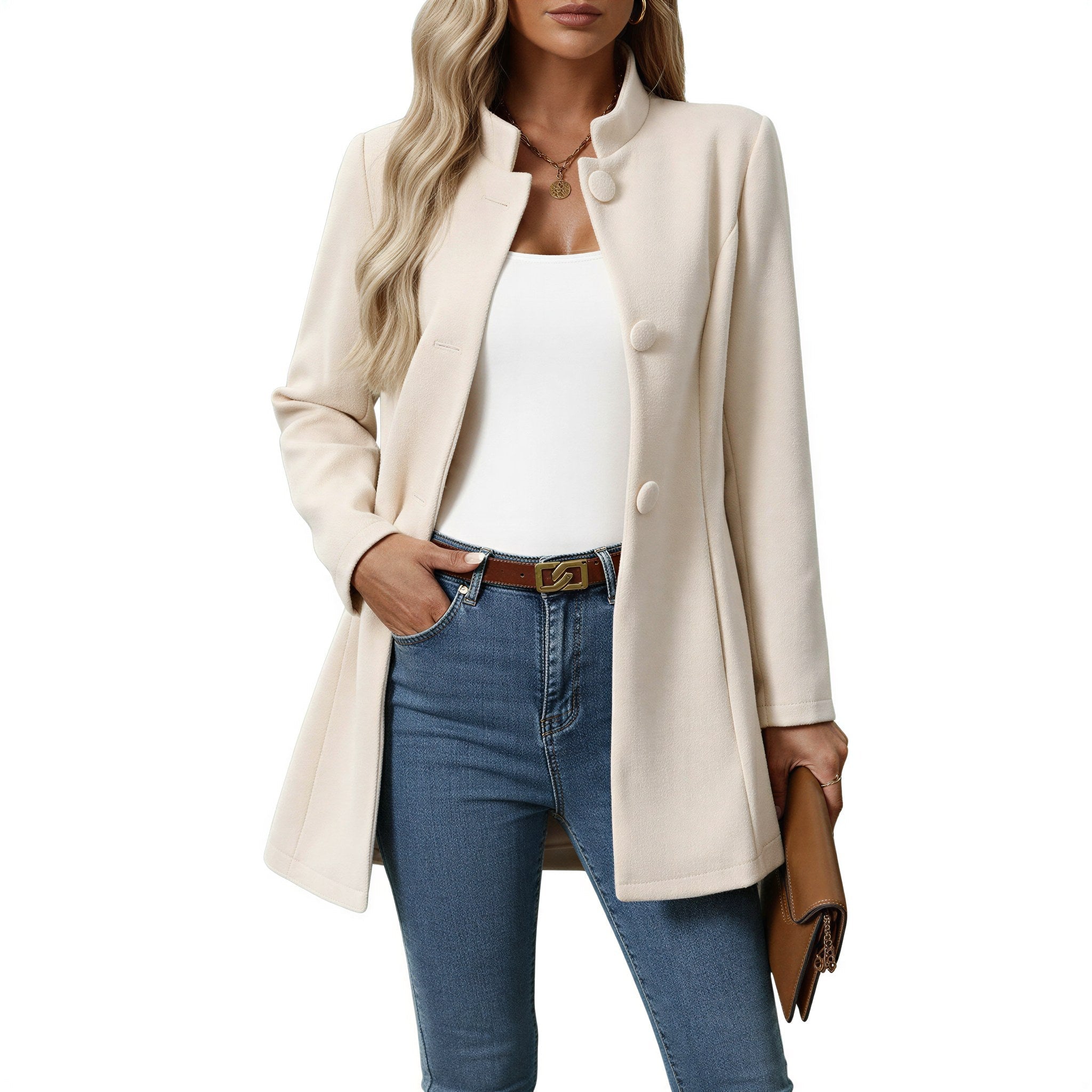 Lorraine | Women's Button Front A-Line Coat, Stand Collar Autumn Coat | The Dress Cellar | Cream
