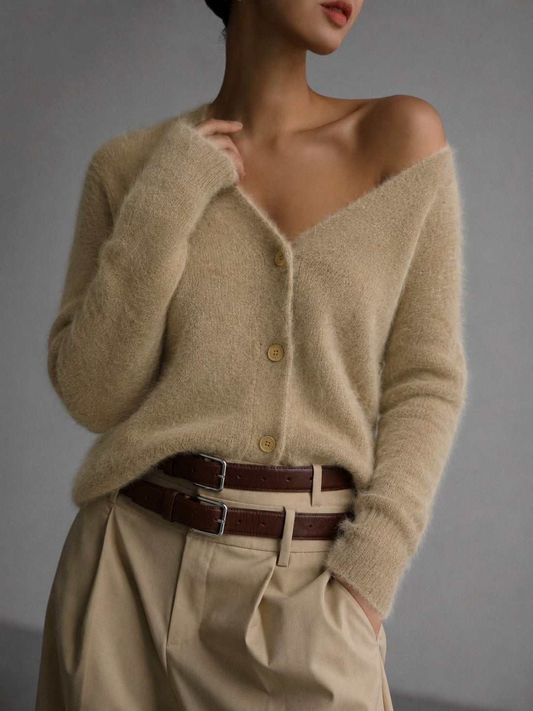 Lucile | Women's Oversized Button-Up Cardigan, Relaxed Knit Cardigan | The Dress Cellar | Khaki