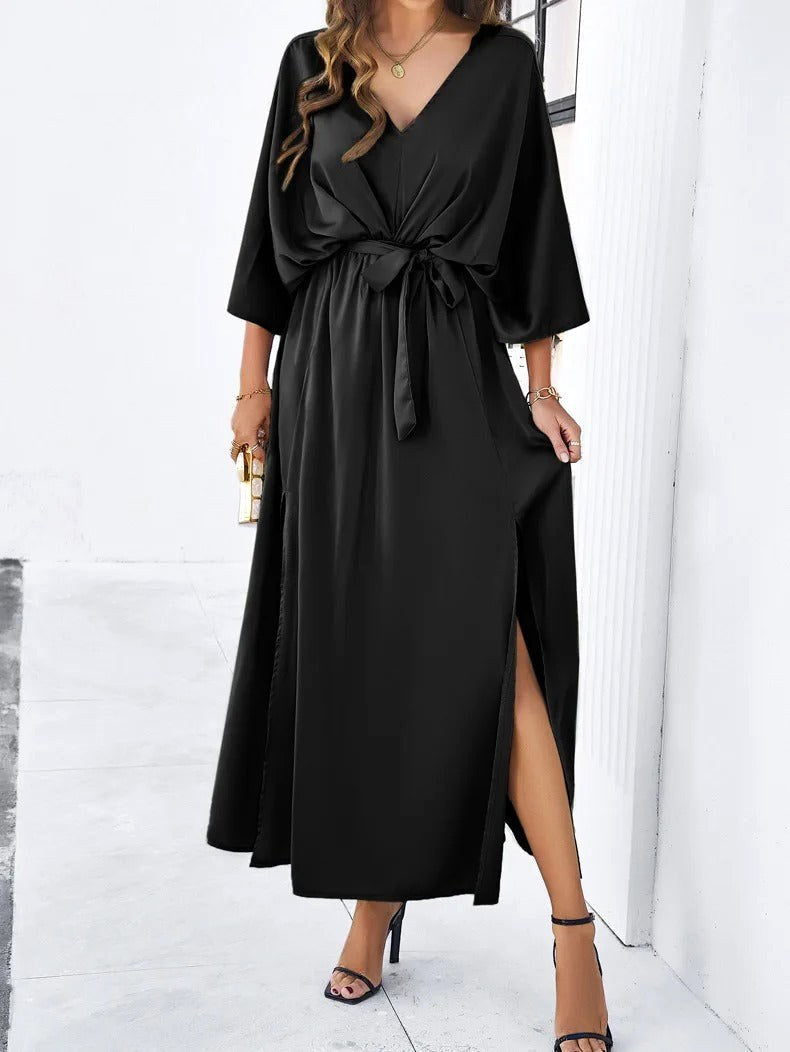 Adeline | Women's Midi Dress with V-Neckline, Waist-Tie Occasion Dress | The Dress Cellar