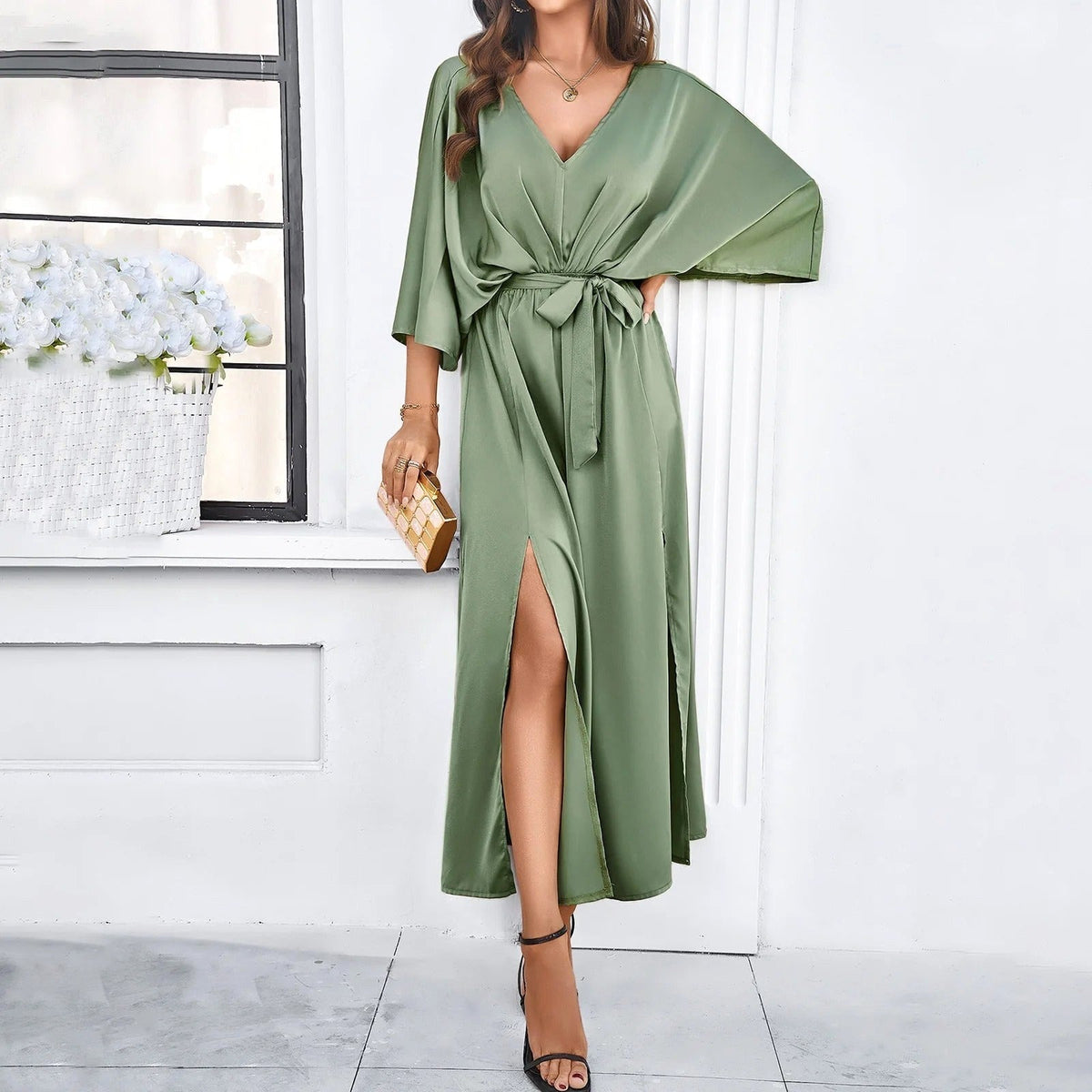 Adeline | Women's Midi Dress with V-Neckline, Waist-Tie Occasion Dress | The Dress Cellar
