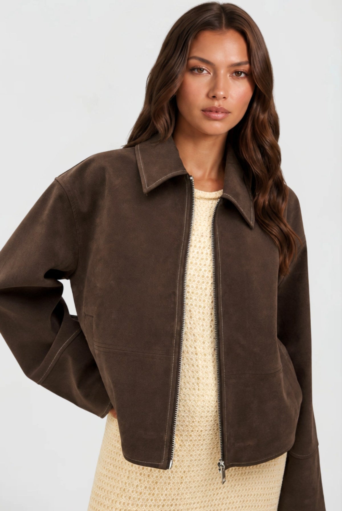 Christina | Women's Short Suede-Effect Jacket, Brown Pointed-Collar Jacket | The Dress Cellar | Brown
