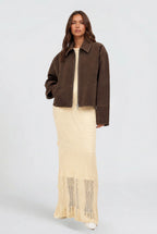Christina | Women's Short Suede-Effect Jacket, Brown Pointed-Collar Jacket | The Dress Cellar