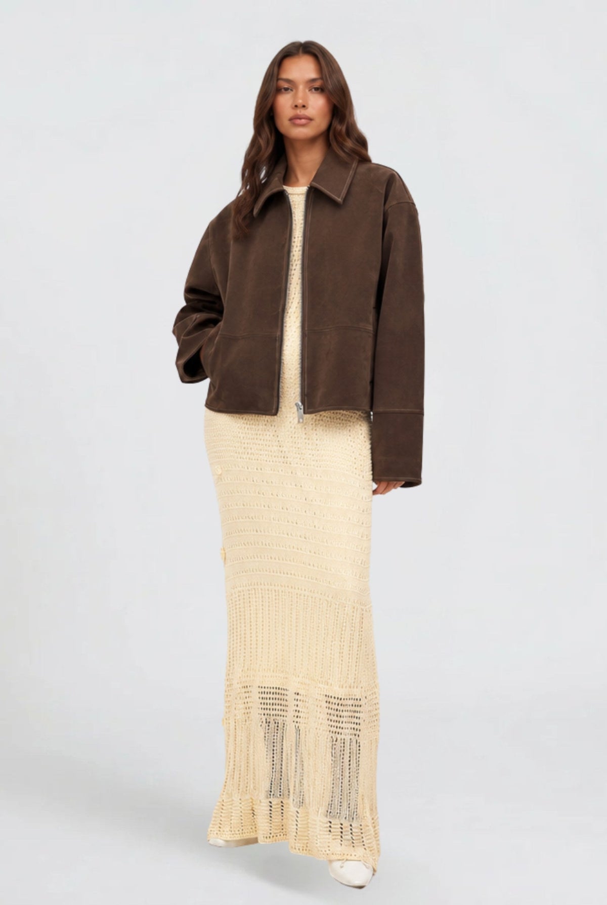 Christina | Women's Short Suede-Effect Jacket, Brown Pointed-Collar Jacket | The Dress Cellar