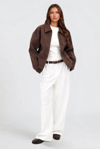 Christina | Women's Short Suede-Effect Jacket, Brown Pointed-Collar Jacket | The Dress Cellar