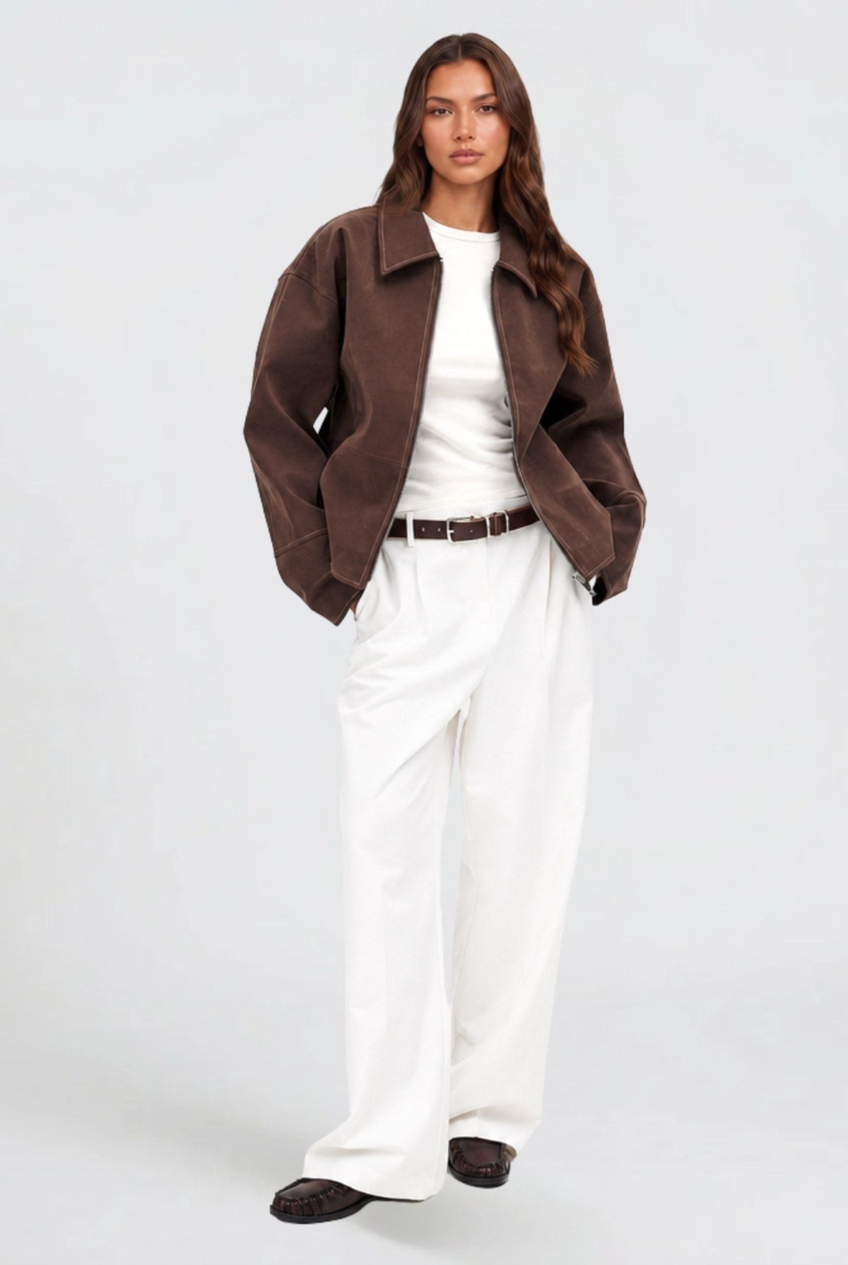 Christina | Women's Short Suede-Effect Jacket, Brown Pointed-Collar Jacket | The Dress Cellar