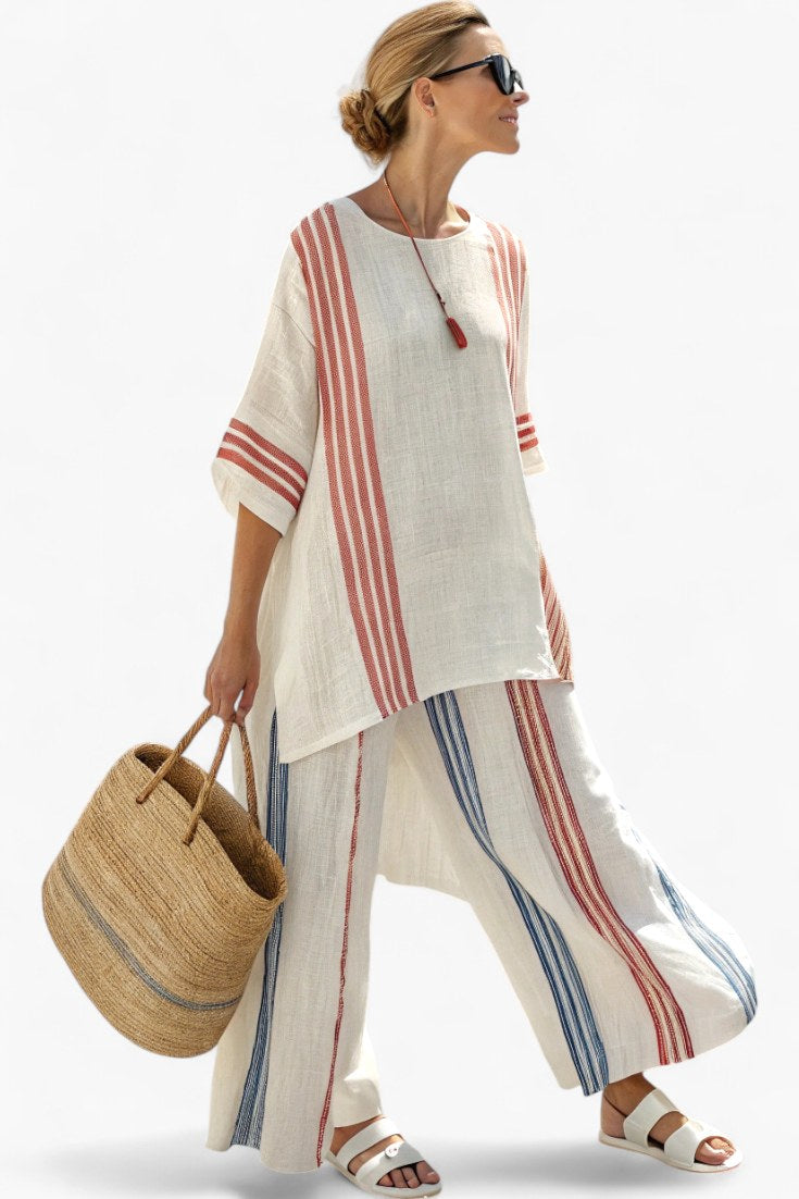 Mackenzie | Women's Striped Two-Piece Set - Red and Blue