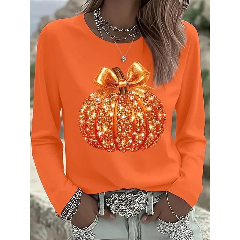 Madison | Women's Long-Sleeve Pumpkin Top, Shimmering Autumn Top | The Dress Cellar | Orange