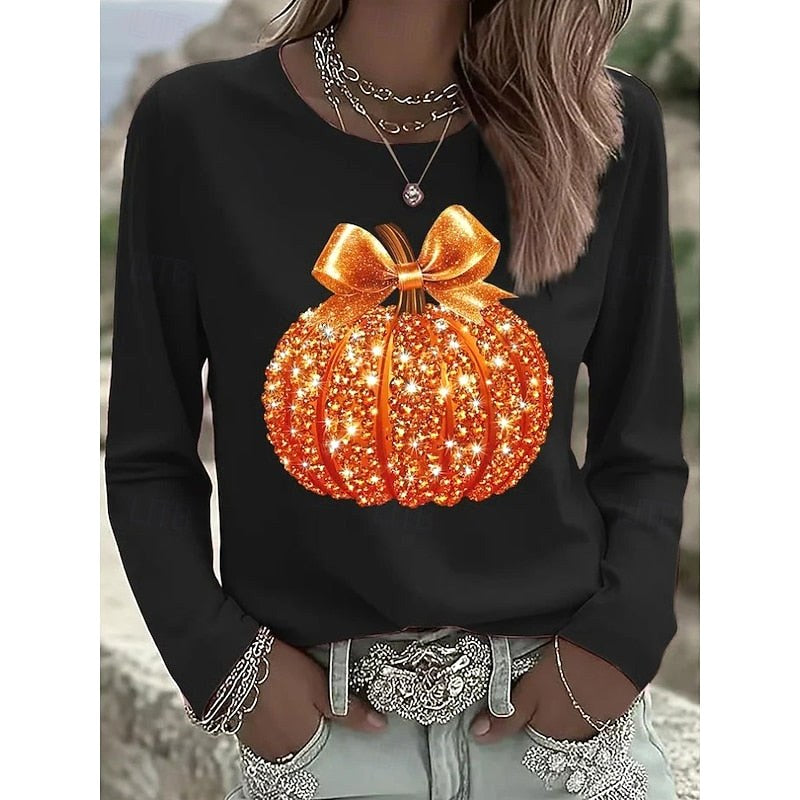 Madison | Women's Long-Sleeve Pumpkin Top, Shimmering Autumn Top | The Dress Cellar | Black