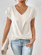 Madison | Women's Twist-Knot V-Neck Short Sleeve Blouse - White
