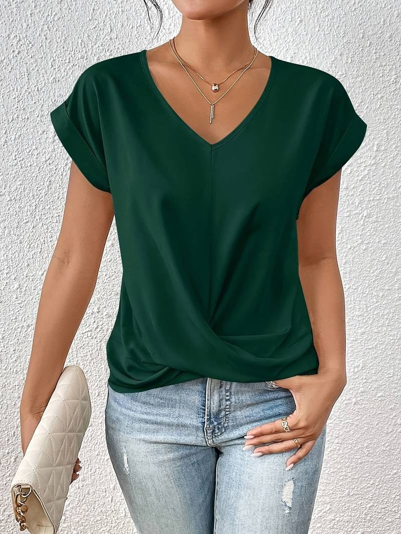 Madison | Women's Twist-Knot V-Neck Short Sleeve Blouse - Green