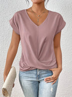 Madison | Women's Twist-Knot V-Neck Short Sleeve Blouse - Pink