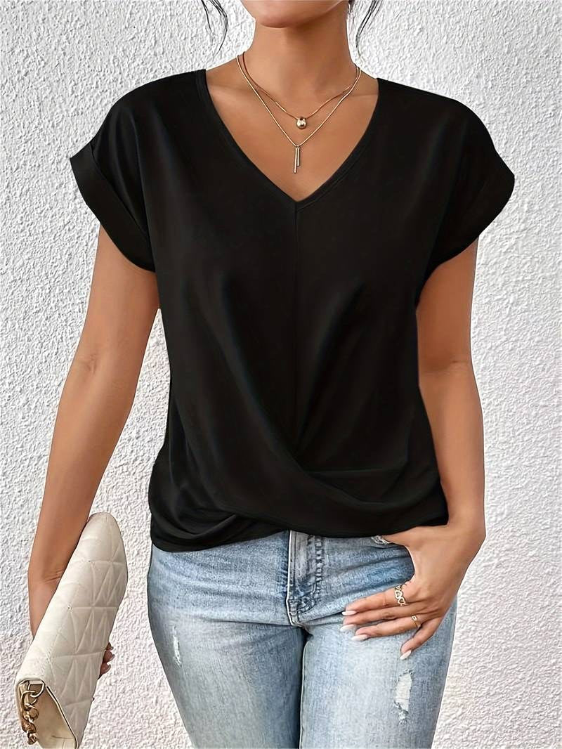 Madison | Women's Twist-Knot V-Neck Short Sleeve Blouse - Black