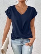 Madison | Women's Twist-Knot V-Neck Short Sleeve Blouse - Navy Blue