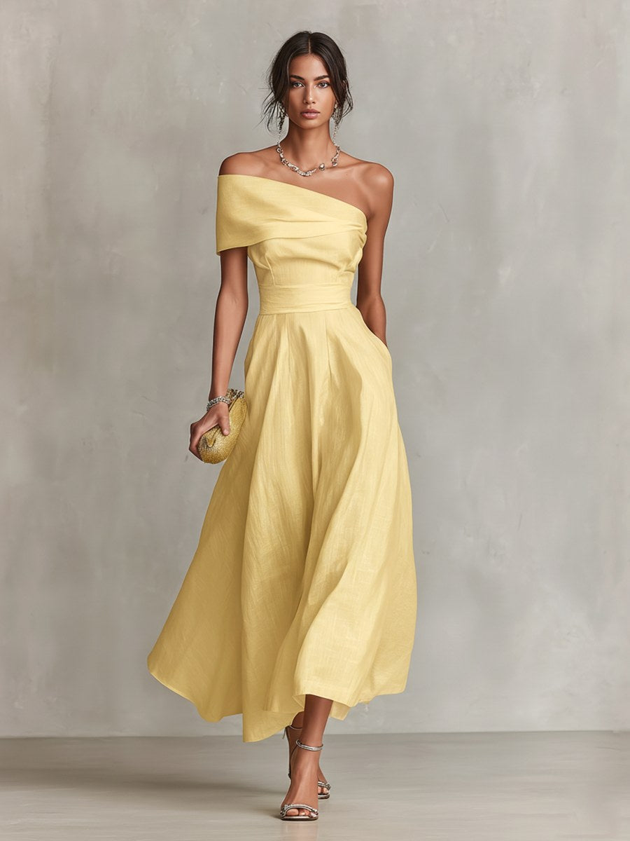 Madison | Women's Yellow Linen One-Shoulder Midi Dress - image 2