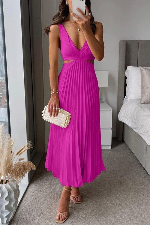 Maeva | Women's Pleated Satin Midi Dress, Flowing Evening Dress | The Dress Cellar