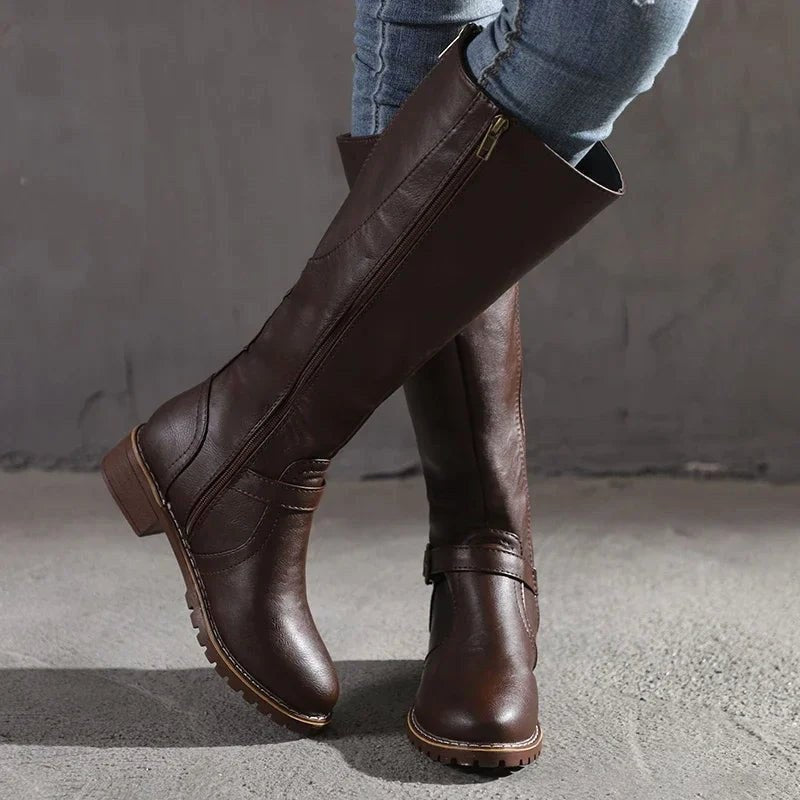 Maisie | Women's Knee-High Leather Boots, Side-Zip Block Heel Riding Boots | The Dress Cellar | Brown