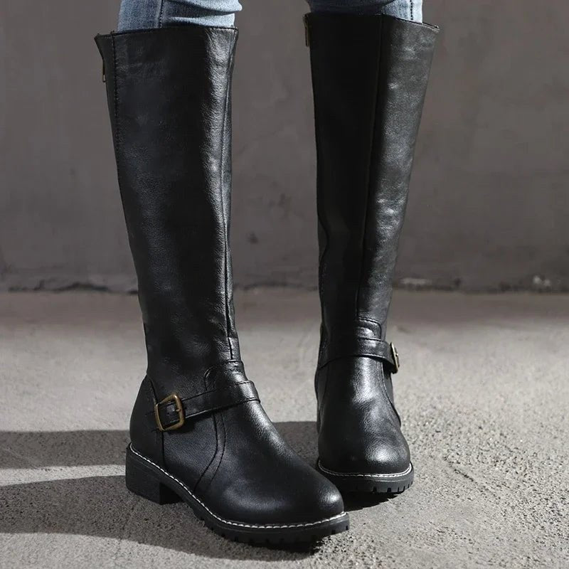 Maisie | Women's Knee-High Leather Boots, Side-Zip Block Heel Riding Boots | The Dress Cellar | Dark Brown