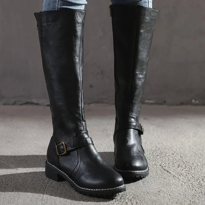 Maisie | Women's Knee-High Leather Boots, Side-Zip Block Heel Riding Boots | The Dress Cellar | Dark Brown