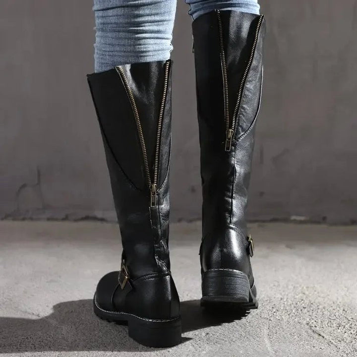 Maisie | Women's Knee-High Leather Boots, Side-Zip Block Heel Riding Boots | The Dress Cellar | Black